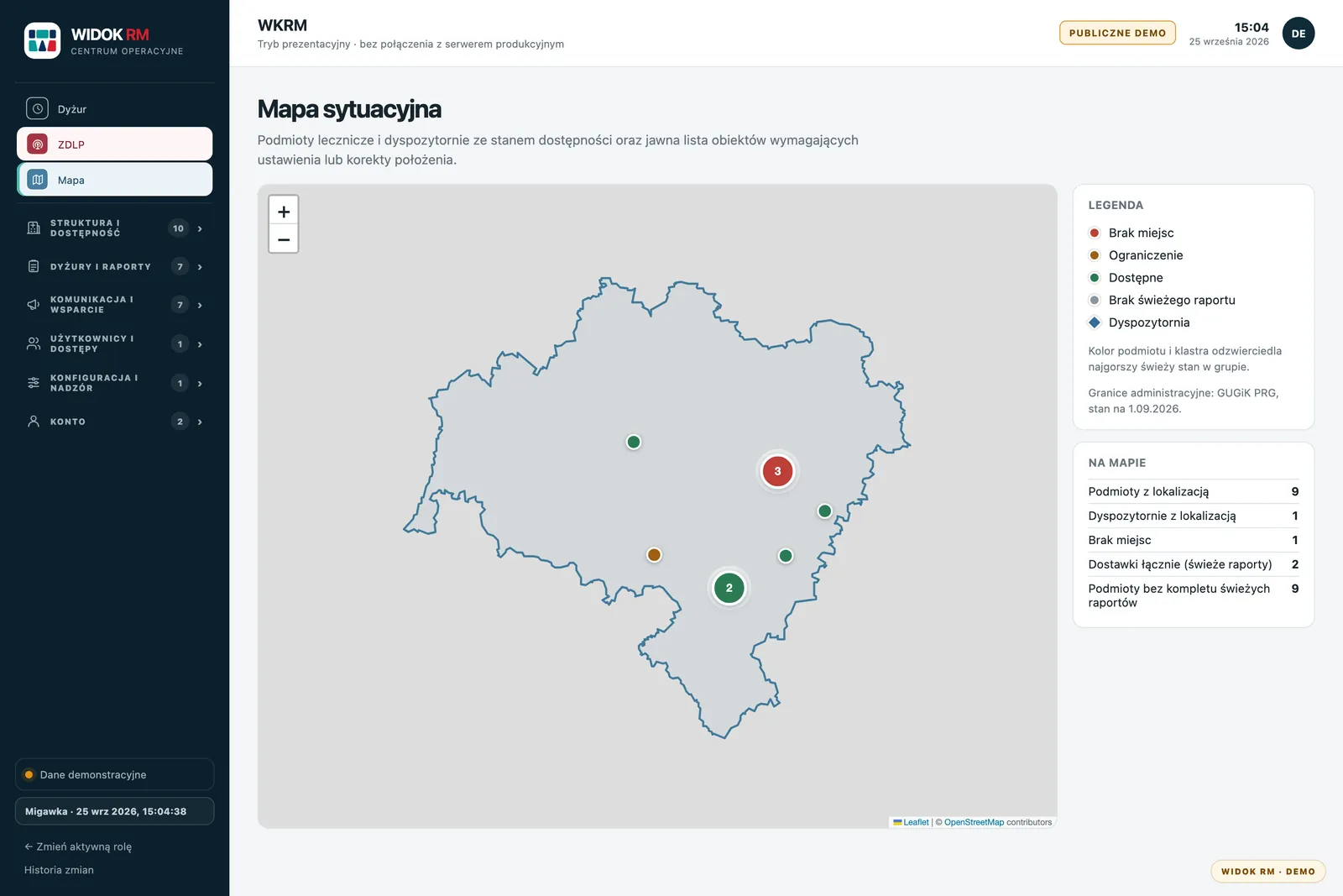 Mapa sytuacyjna województwa w WIDOK RM z podmiotami, dyspozytorniami i legendą stanów dostępności